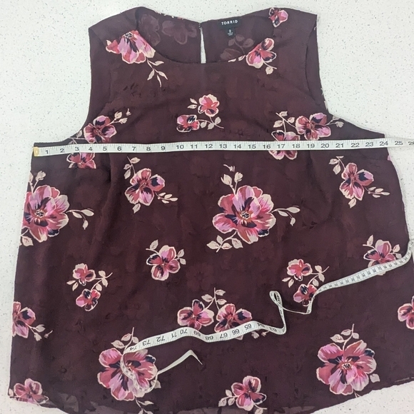 Torrid Burgundy Pink Floral Chiffon Tank Top Blouse Sleeveless Loose Fit Plus 2X - Picture 4 of 10